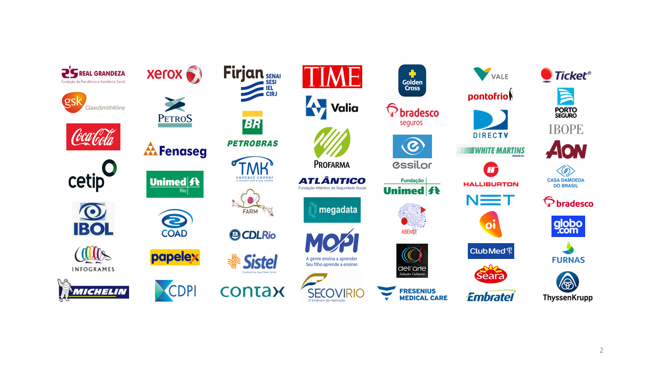 Logos de clientes - Coca-Cola, Petrobras, Bradesco, Michelin, GlaxoSmithKline, Vale, Xerox, Firjan, entre outros